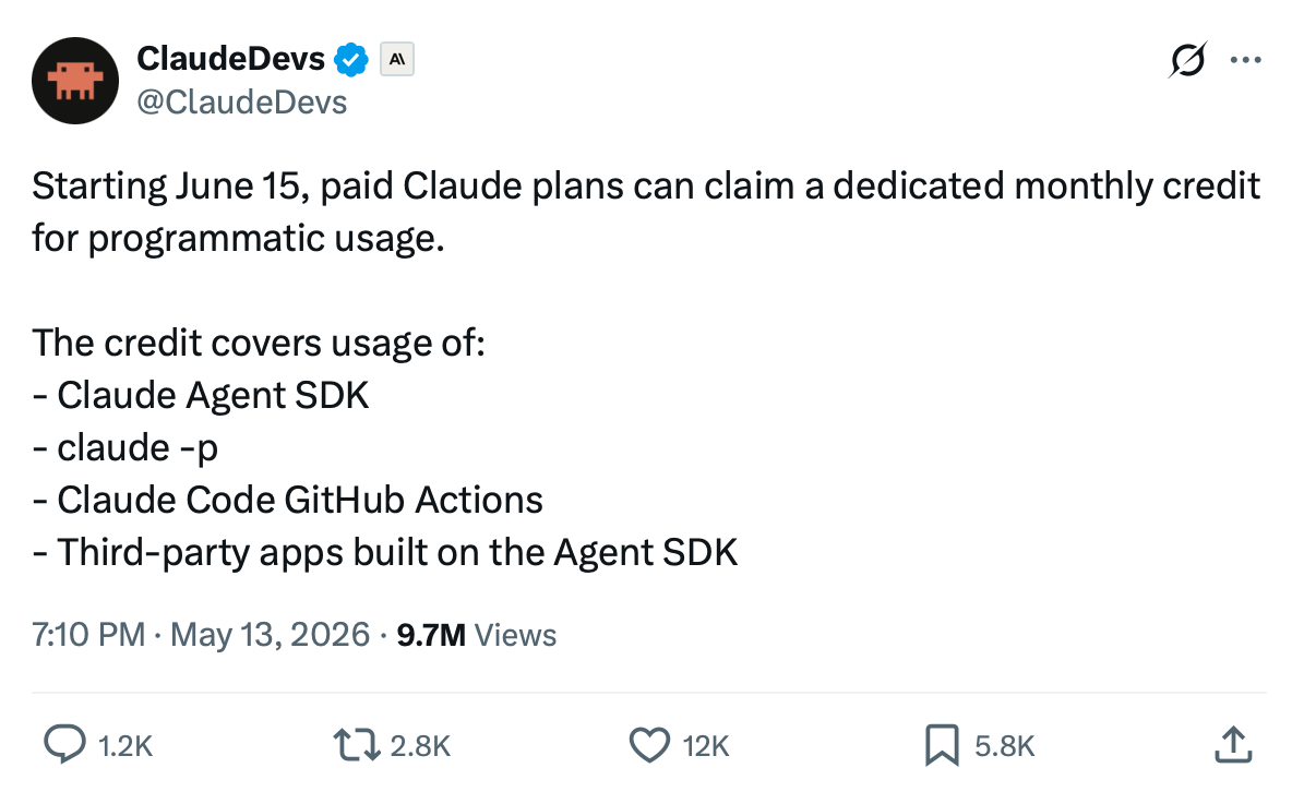 X-Ankündigung zu Claude Agent SDK Credits